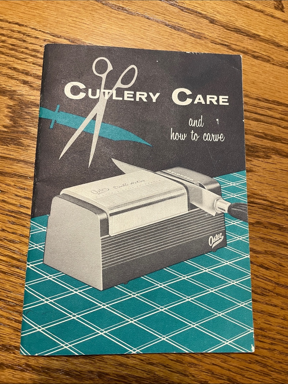 Vintage Oster Cutlery Care Guide in Teal & Black